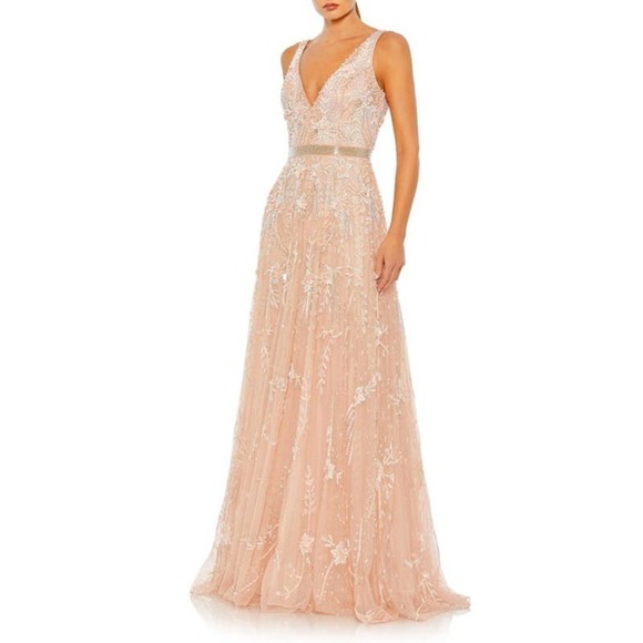 Mac Duggal Embellished Beaded Plunge Neck Long Tulle Gown Size 4 NWT - Picture 4 of 12